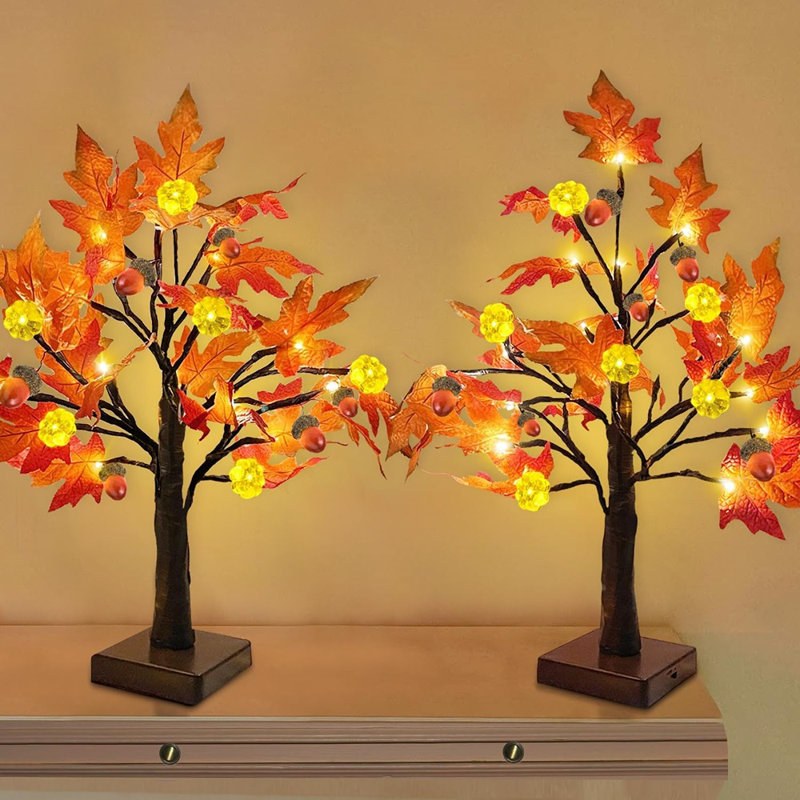 Ensemble de 2 décorations d'automne pour arbre d'automne pré-éclairé 18 pouces avec 48 minuteries à piles et 6 citrouilles illuminées pour Halloween