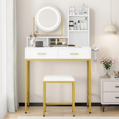 LED Vanity Desk with 360° Rotating Mirror, 3-Color Dimmable Light, 2 Drawers, Power Outlet, Hair Dryer Holder & Stool for Bedroom