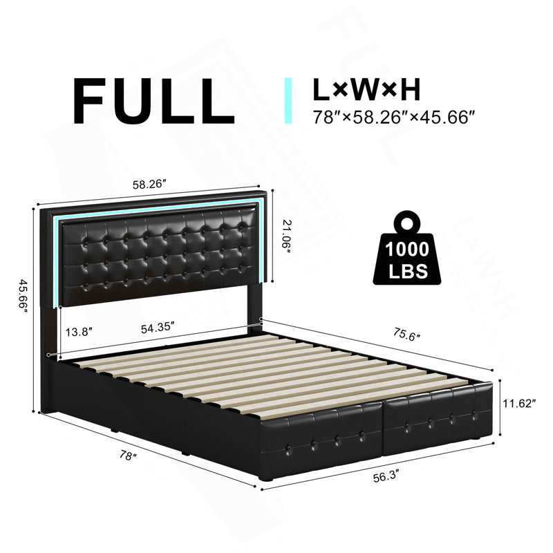 Led Bed Frame With 4 Storage Drawers, Smart Control RGB LED Lights On  Headboard,With Remote Control, Upholstered Adjustable Headbaord