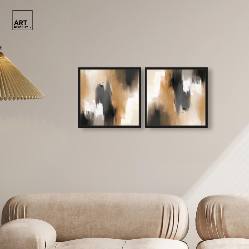 Desert and Black II Set Canvas Warm Boho Abstracts by Art Remedy, Black Framed, 13" H x 13" W