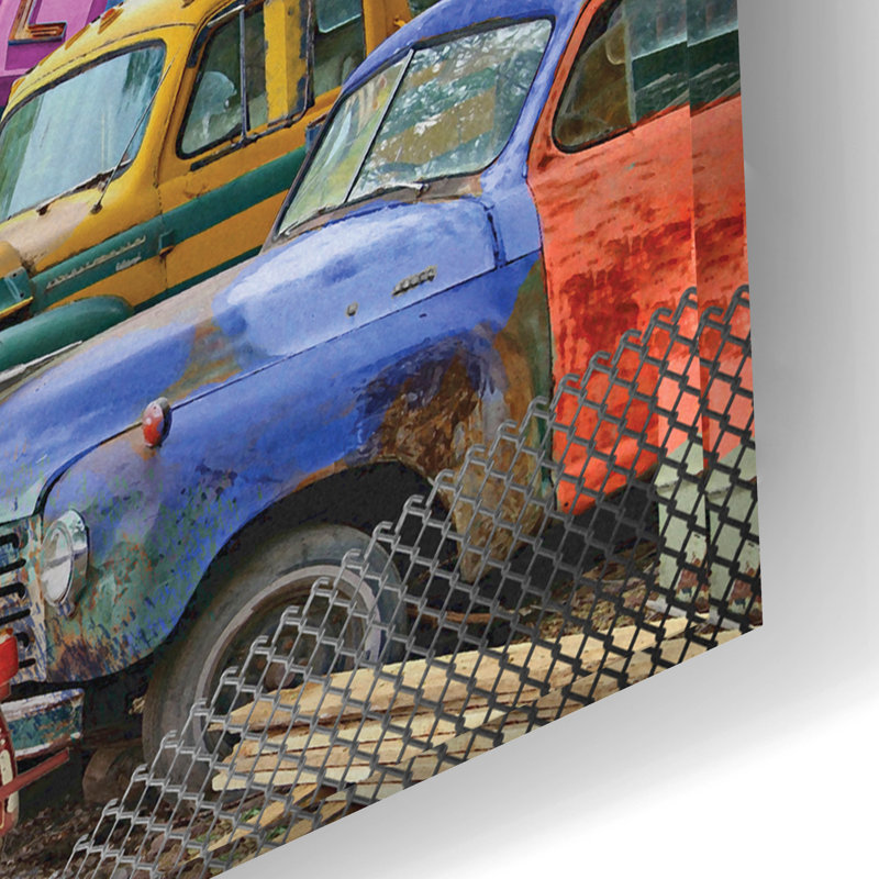 «Rusty Gold and His Junkyard Dogs» par Bigelow, illustrations sur verre acrylique, H 16 po x l 24 po x P 0,2 po