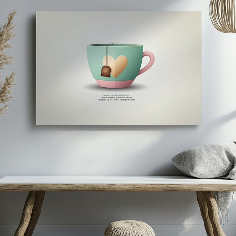 Toile, illustration fantaisiste d'une tasse à thé de couleur pastel avec art mural en forme de cœur sur le côté
