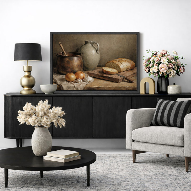 «Rustic Kitchen Still Life with Bread and Pottery», reproduction d'art sur toile encadrée, H 24 po x l 36 po, Structure noire