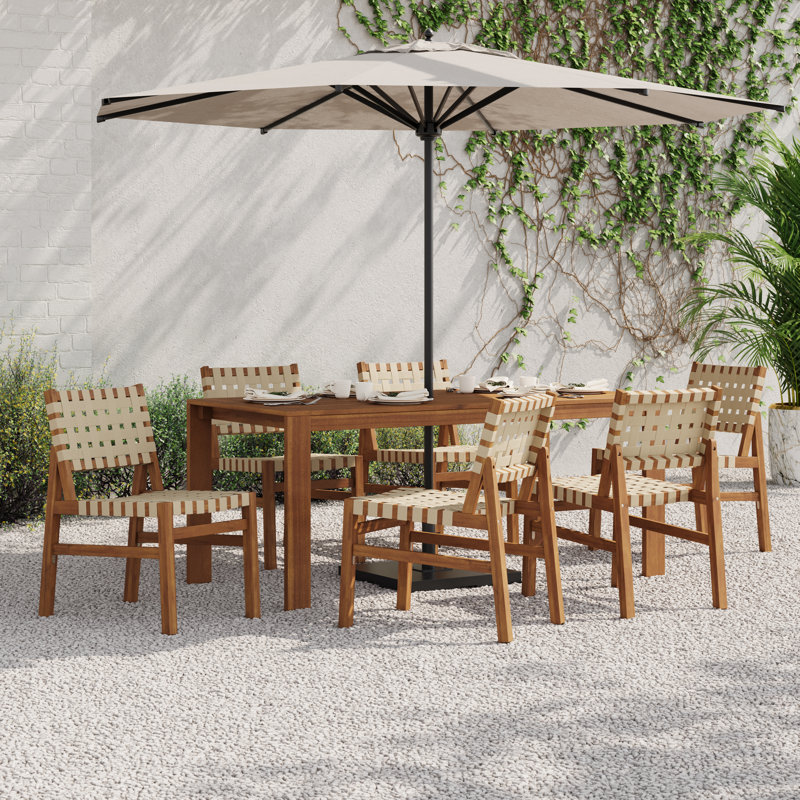 Patio 7-Piece Acacia Wood Dining Set With Slatted Table & Woven Straps, 6, Beige Rope/Teak