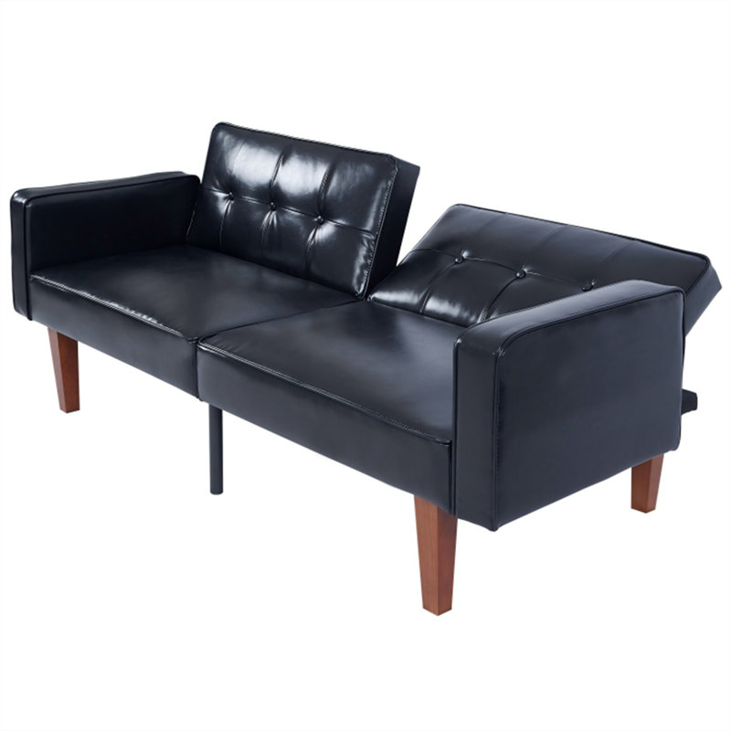 Canapé-lit convertible noir moderne, futon en cuir de polyuréthane à 2 places avec dossier réglable avec accoudoirs, canapé-lit pour le salon et le bureau personnel, canapé contemporain en similicuir