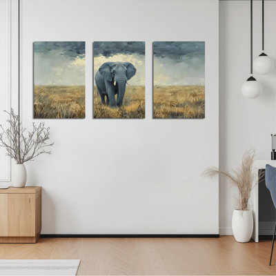 Elephant In Savannah Landscape Canvas Wrapped Wall Art Set Of 3