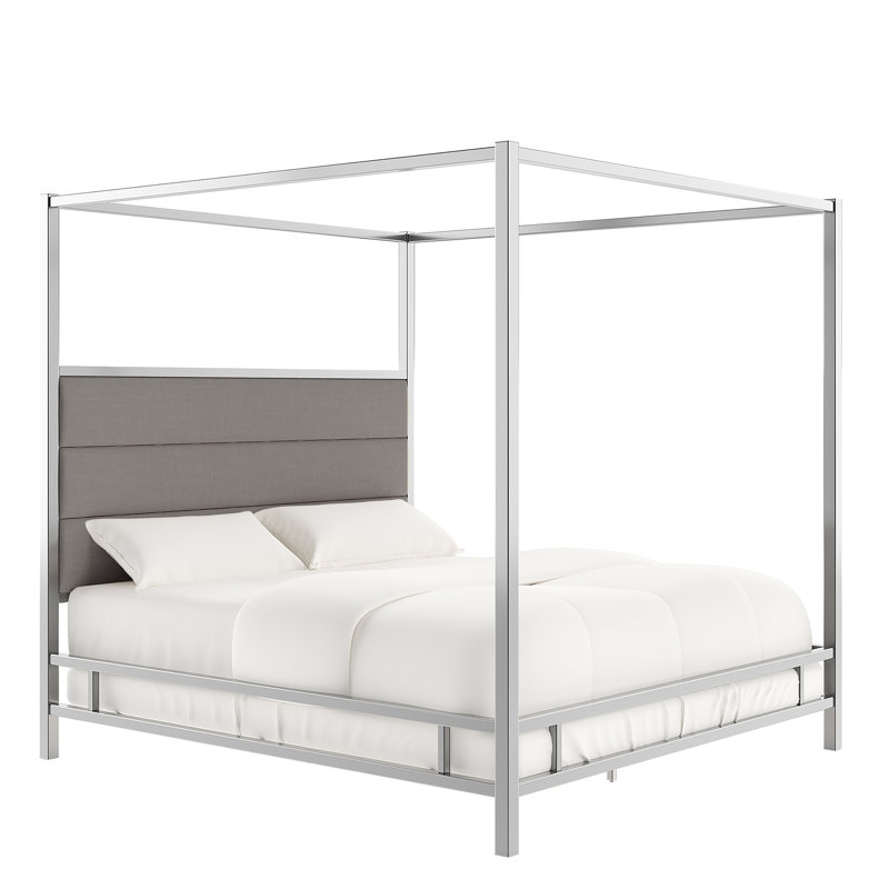 Pettaway Upholstered Metal Canopy Bed, Chrome Metal/Gray, Full