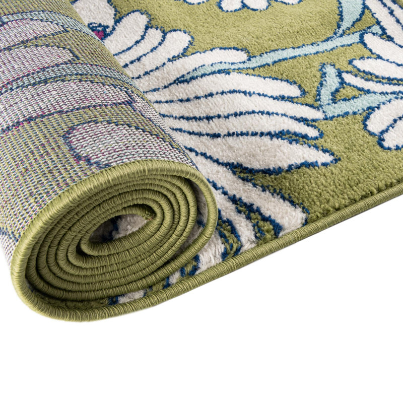 Tapis vert à motif floral Saegertown, Rond 5 pi 3 po