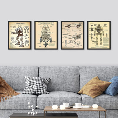 " Vintage Retro Futuristic Sci-Fi Robot Android Spaceship Wall Art Set Of 4 Illustration Prints Contemporary " 4 - Pieces
