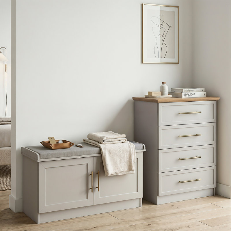 Cleverton Hallway Shoe Storage Bench With 4 Drawer Dresser Living or Bedroom Set, Light Grey