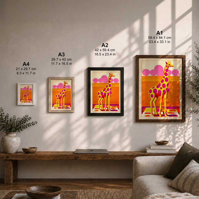 Playful Giraffe Modern 1 Piece Single Picture Frame Wall Art, A3 - 42.0 x 29.7 cm, Walnut
