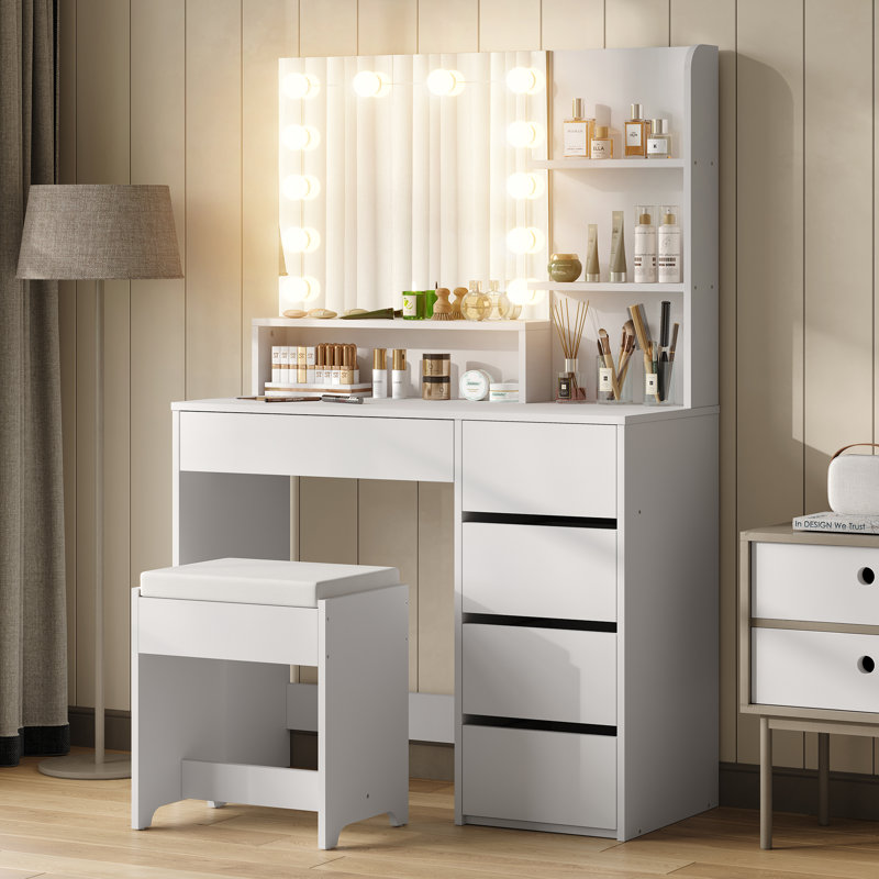 Shylo Makeup Vanity Desk with LED Lighted Mirror & 5 Drawers, Vanity Set with Stool for Bedroom, White