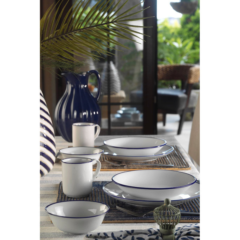 Abreu Piece Porcelain China Dinnerware Set - Service for 4, White/Dark Blue