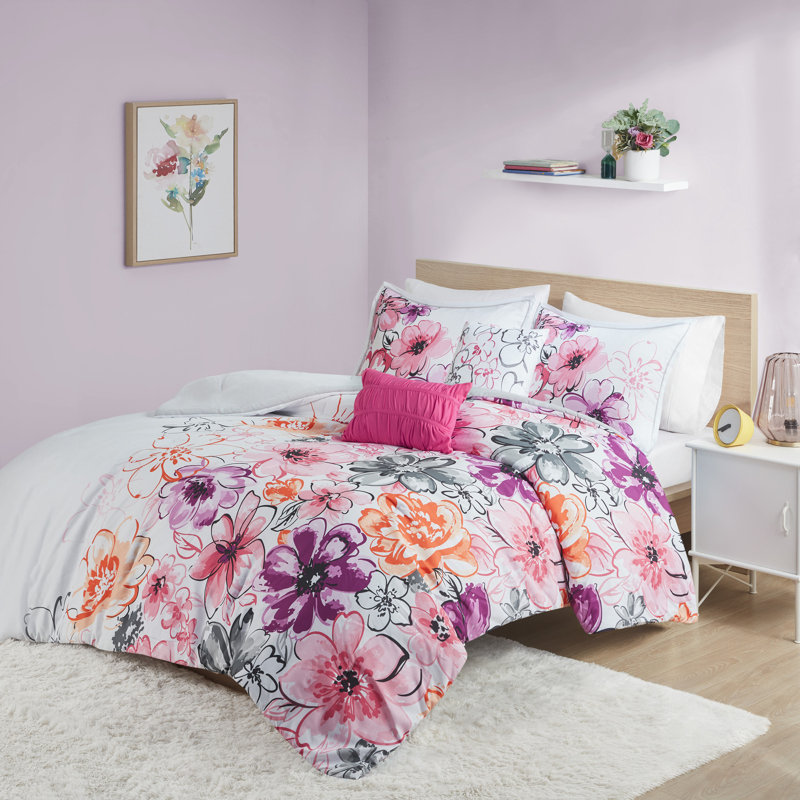 Ensemble d'édredon à motif floral Olivia, Rose, Édredon simple / simple TG, 1 taie décorative et