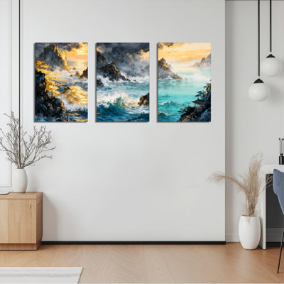 «Ocean Waves and Mountain Landscape», reproduction d'art sur toile tendue sur toile (ensemble de 3)