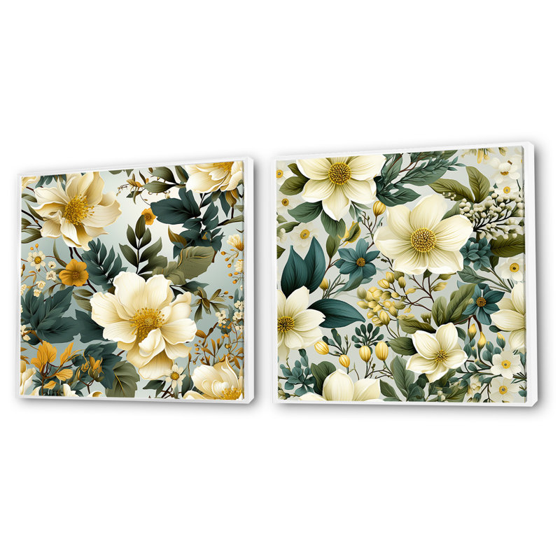 Charline - Ensemble de 2 collages carrés floraux, Cadre flottant blanc, H 16 po x l 33 po