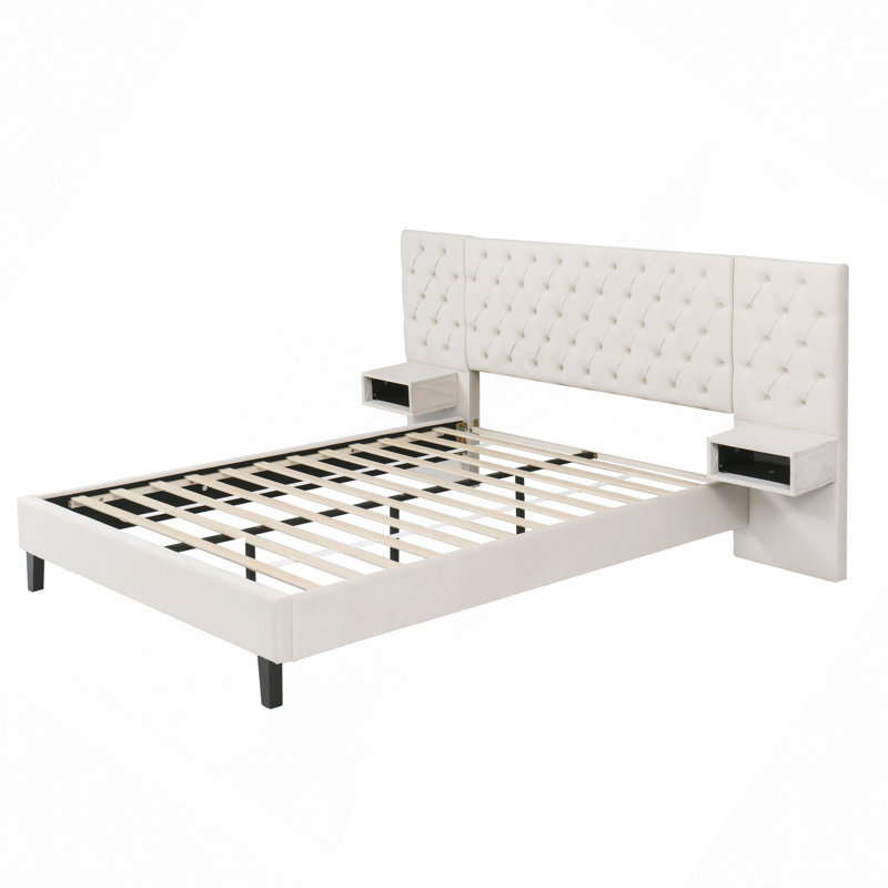 Lit moderne, lit plateforme avec tête de lit, lit plateforme tapissier en velours avec 2 tables de chevet Modern
