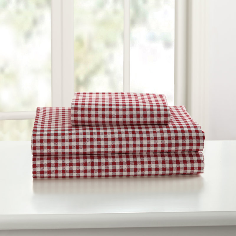 Ensemble de draps en percale 100% coton à densité de tissage 250 fils Gingham, Rouge
