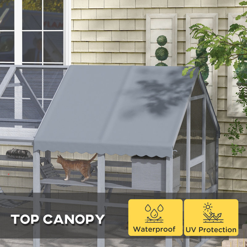 PawHut 9.2' Catio, Outdoor Cat Enclosure House W/ Condos & Canopy, Grey,wood