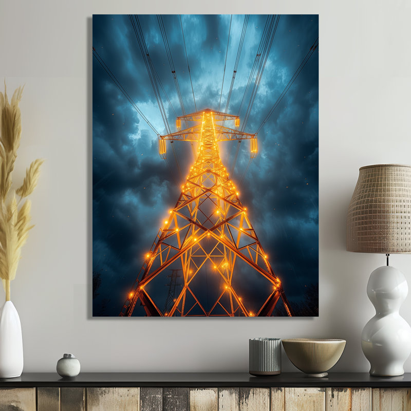 Jaune et bleu, tours électriques - art mural lignes électriques, Cadre simple blanc, H 40 po x l 30 po x P 1,5 po