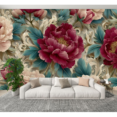 Papier peint pelez et collez, décorations murales botaniques pivoines élégantes, H 100 po x l 144 po, papier mural amovible en PVC, adhésif pour chambre, salon, bureau à domicile