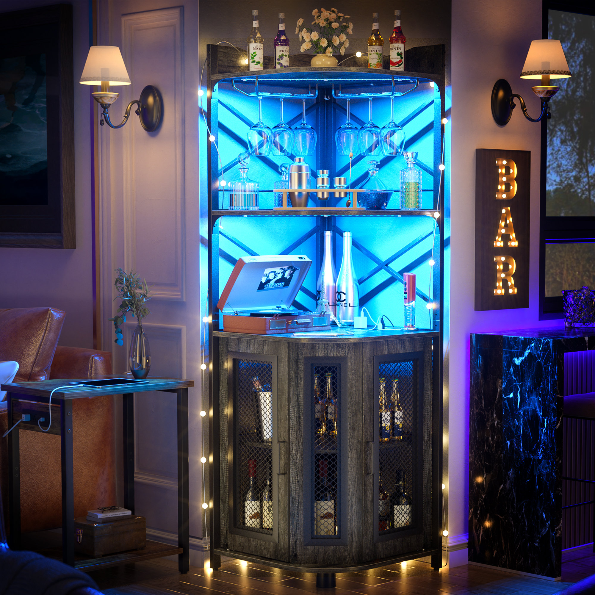 Wrought Studio 5-Tiers Liquor Cabinet Bar With LED Strip And Glass ...