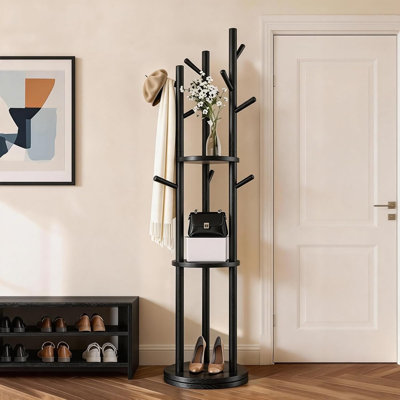 Porte-manteau pivotant en bois massif, sur pied, avec 3 étagères et 9 crochets, pivotant à 360°, idéal pour l'entrée, la chambre et le salon.