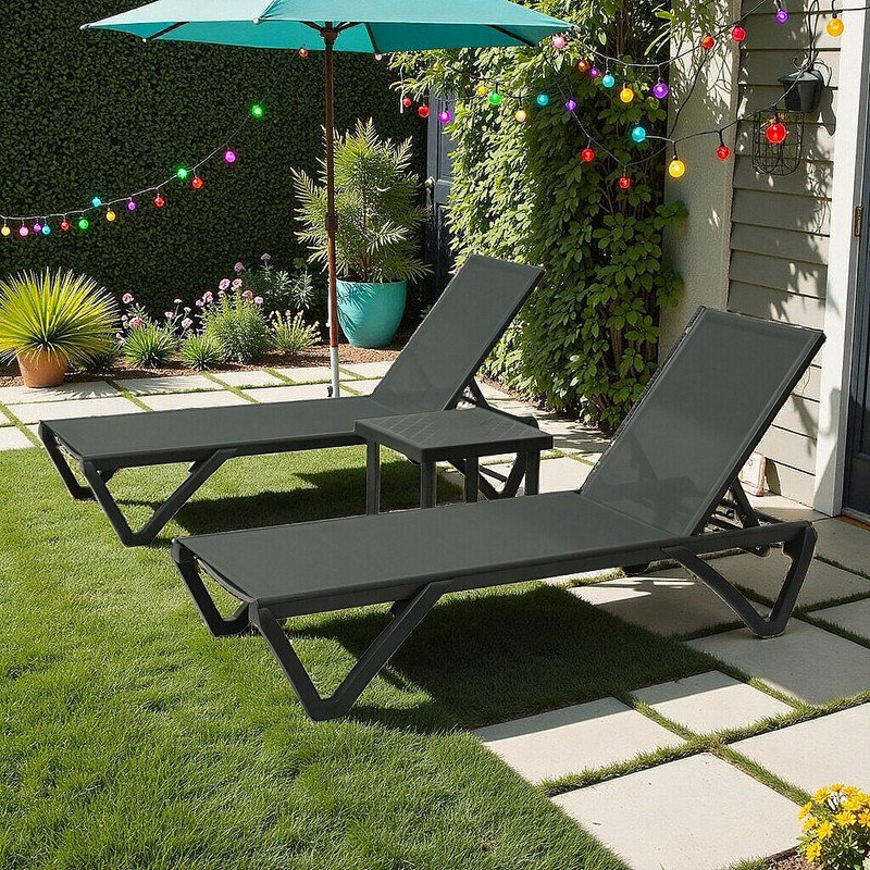 2PC Chair and Table Set, 5‑Position Adjustable Outdoor Chaise Lounge with Wheels & Stackable Design, Dark Grey