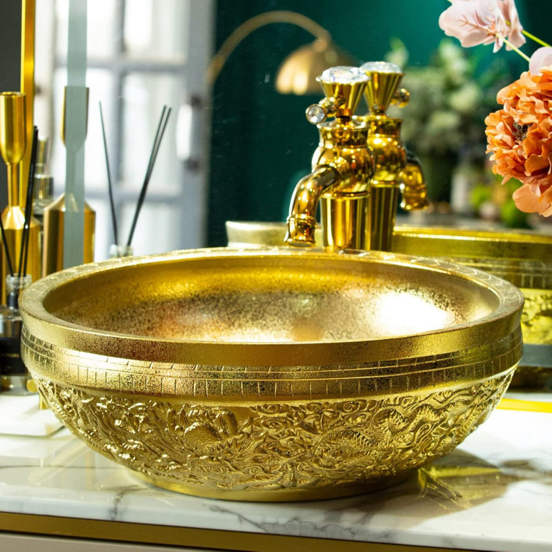 Gold Vessel Sink Round Bowl For Bathroom Countertop Ceramic Wash Basin With Hand Carved Dragon Pattern,L16.4"W16.4"
