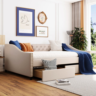 Daybed With Two Drawers In Soft Beige & Robust Wood Slat Construction - Bring A Serene Vibe To Your Living Space And Resilient Structure Elevate Style