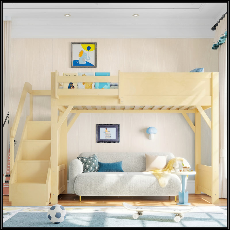 Lit mezzanine simple en bois massif avec garde-robe intégrée, rangement et tablettes à côté, garde-corps pleine longueur et escalier, aucun sommier nécessaire, naturel