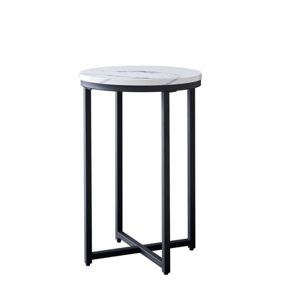Black Round Faux Marble Side Table, Stable Construction With X-shaped Base, Ideal For Small Spaces, Living Room, Bedroom, Easy To Clean & Assemble End by Wrought Studio