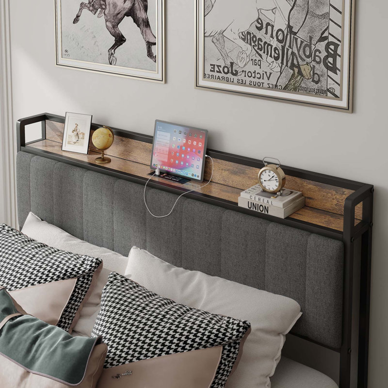  Lit plateforme tapissier en métal avec station de charge, Double, Gris clair