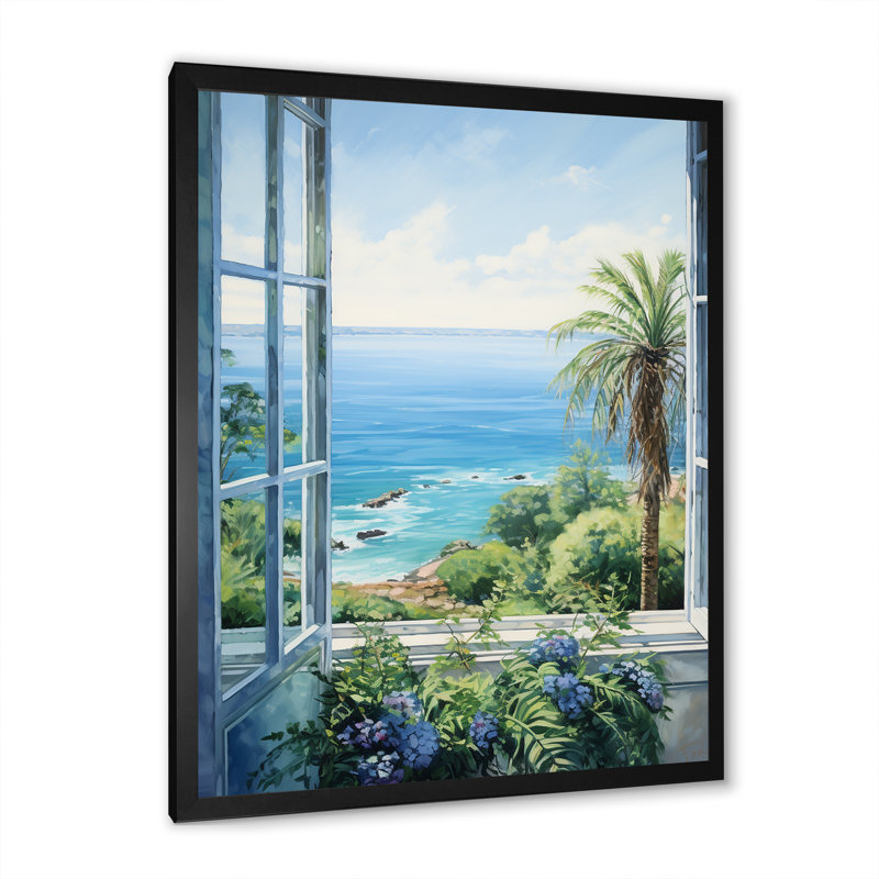 «Tropical Windows To The Beach I» - art mural de fenêtres côtières, H 20 po x l 12 po x P 1 po, Cadre simple noir