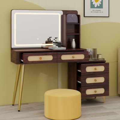 Bureau de coiffeuse en rotin rétro, 5 tiroirs, tablette de rangement, miroir