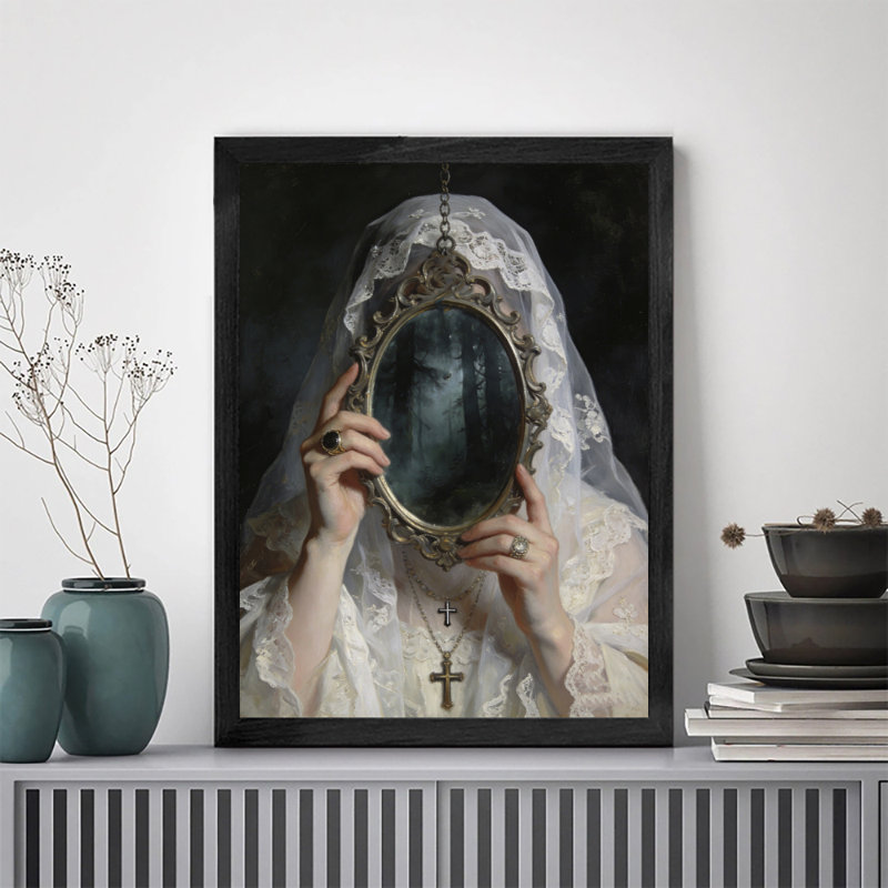 Art mural rétro noir et mystérieux, fantôme dans le miroir, H 11 po x l 9 po