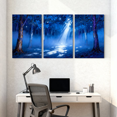 Abstract Blue Forest Night Light Trees Stars Path Mist Set of 3 Canvas Wall Art Prints