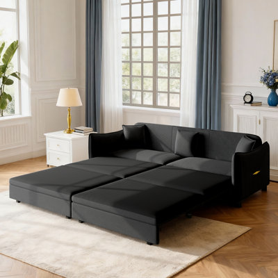 3-In-1 King Size Pull Out Sofa Bed 81.9" Wide Velvet Convertible Sleeper Couch With 3 Pillows