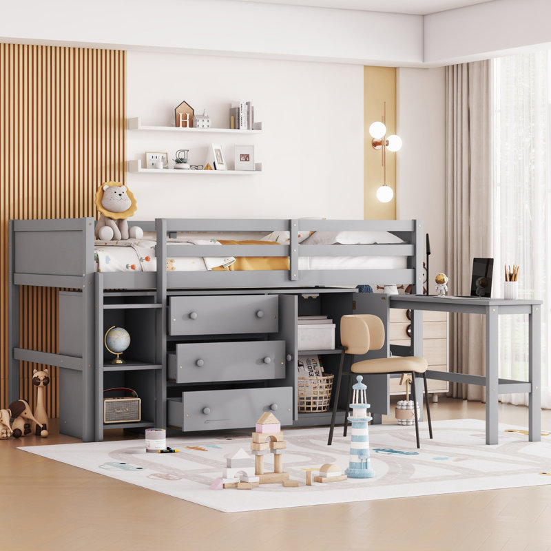 Lit mezzanine simple simple avec bureau coulissant, tiroirs, armoire et tablettes de couleur, Gris