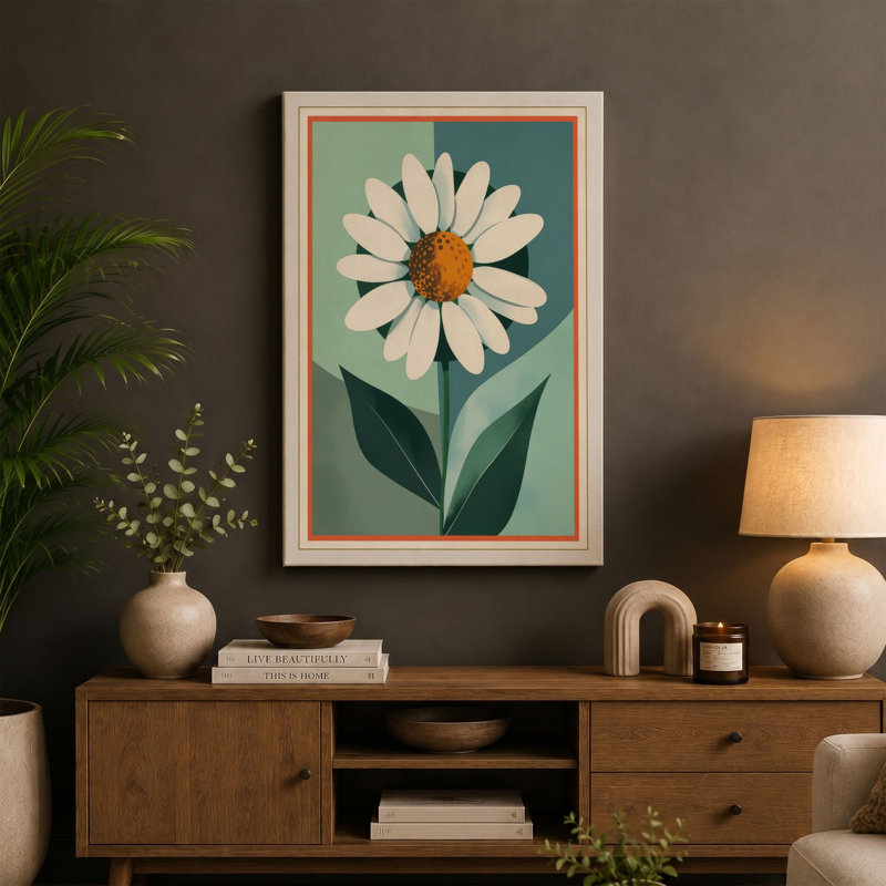Geometric Daisy Botanical - Wrapped Canvas, 36x24 - 91.4 x 61.0 cm, Teal Border