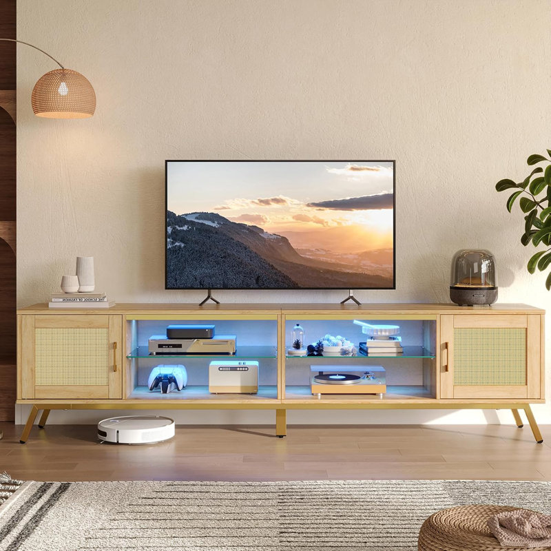 80 Inch Natural Rattan TV Stand with LED Lights and Storage