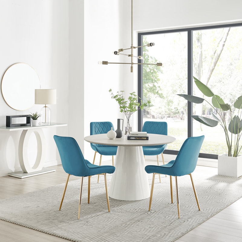 Statement 4 Person Round Dining Table Set in Luxury Beige Stone Effect - Velvet Dining Chairs, Blue/Gold