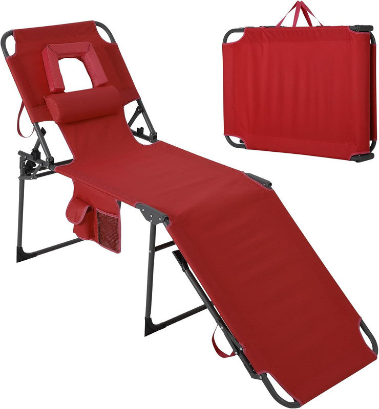 4pcs Folding Tanning Chair with Face Hole, 5-Position Adjustable Backrest, Portable Beach Lounge Chair with Pillow & Side Pocket for Backyard, Poolside, Patio