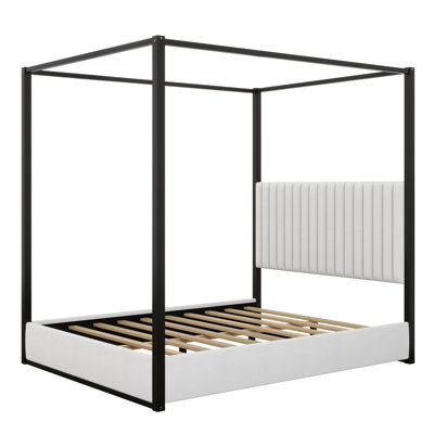 Queen Size Upholstery Canopy Platform Bed With Headboard, Modern Metal Frame Platform Bed With 4-Poster Canopy