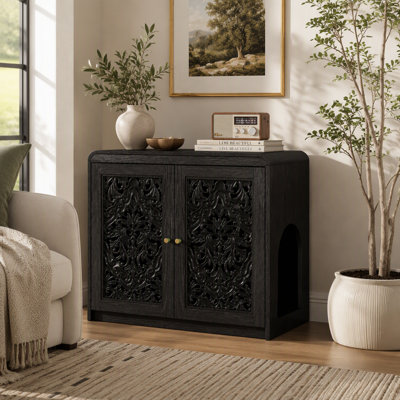 Meuble de rangement pour bac à litière pour chat en bois noir ajouré, buffet multifonctionnel avec ventilation et large ouverture pour chat, idéal pour le salon et l'entrée. Remarque : la litière et le tapis pour chat ne sont pas inclus.