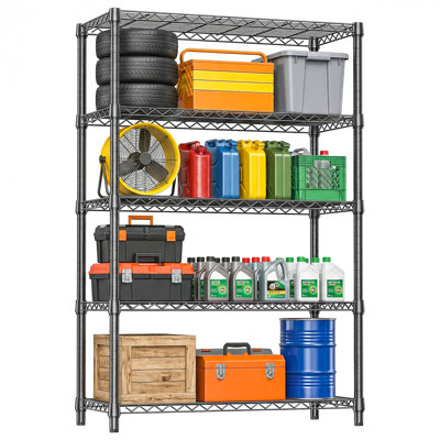  47.2" Wire Shelving Unit, 5-Tier Adjustable Storage Rack for Kitchen, Pantry, Laundry Room, Garage & Home Organization, Matte Black