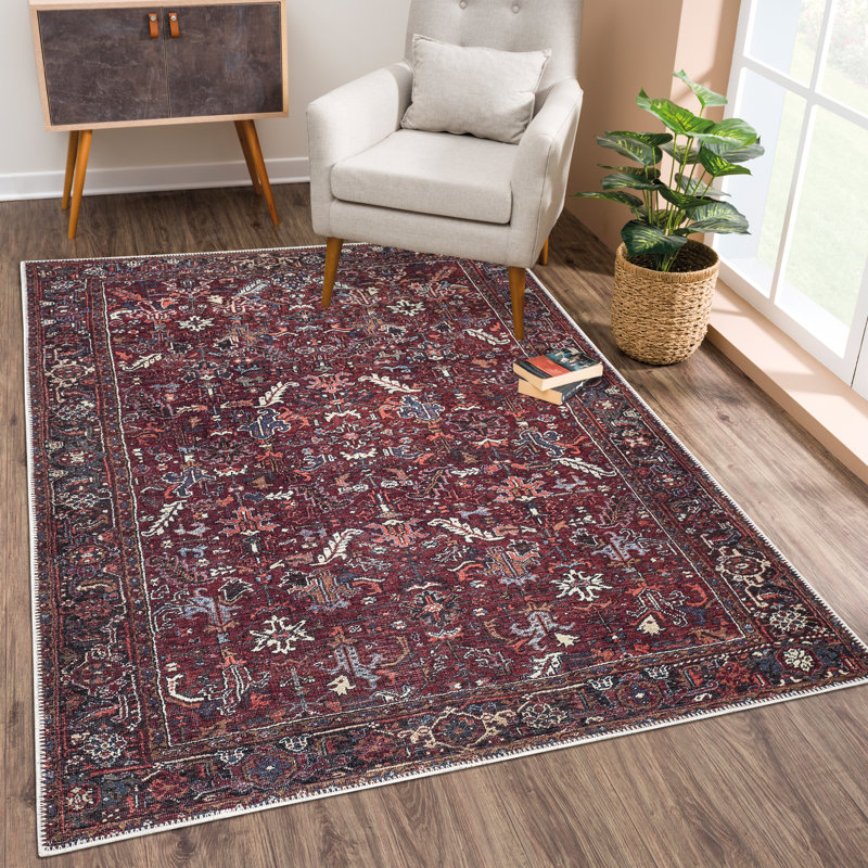  Washable Non-Slip Rug - Burgundy Traditional Bordered Area Rug for Living Room, Bedroom, Dining Room, and Kitchen