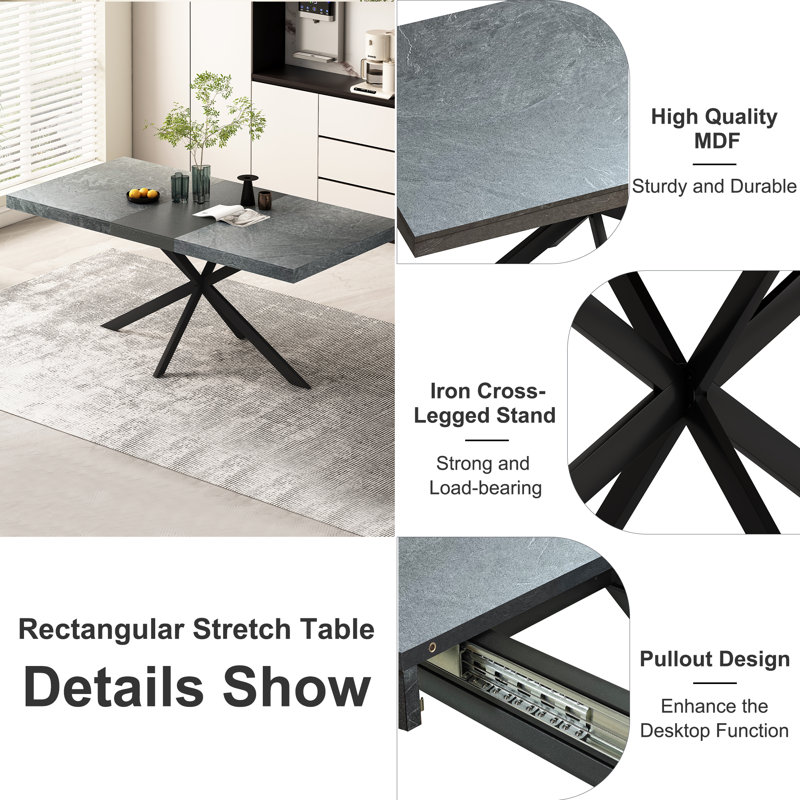 55-70in Rectangle Extendable Dining Table Set, Black, 9