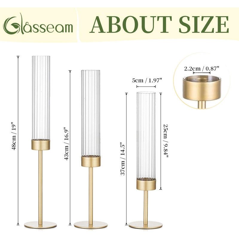 Gold Hurricane Taper Candle Holders: Glasseam 3Pcs Brass Candlestick Holders with Ribbed Glass Cylinder