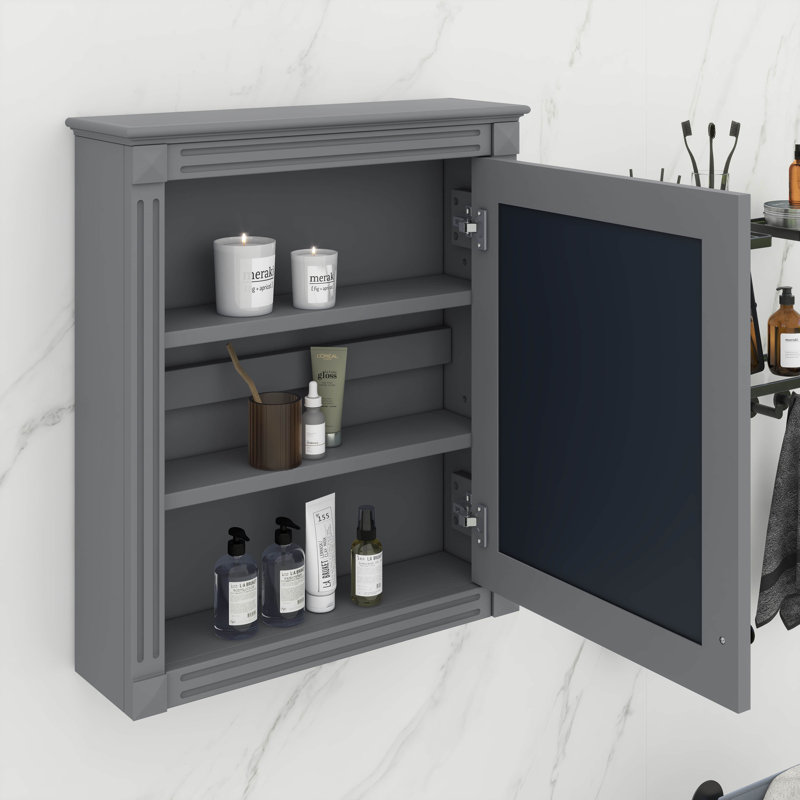 Armoire de rangement de salle de bain murale avec miroir, armoire à pharmacie avec tablette réglable en hauteur, Gris